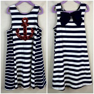 Tommy Bahama Girls Coastal Nautical Knit Dress Size M Sequin Anchor Bow Vacation